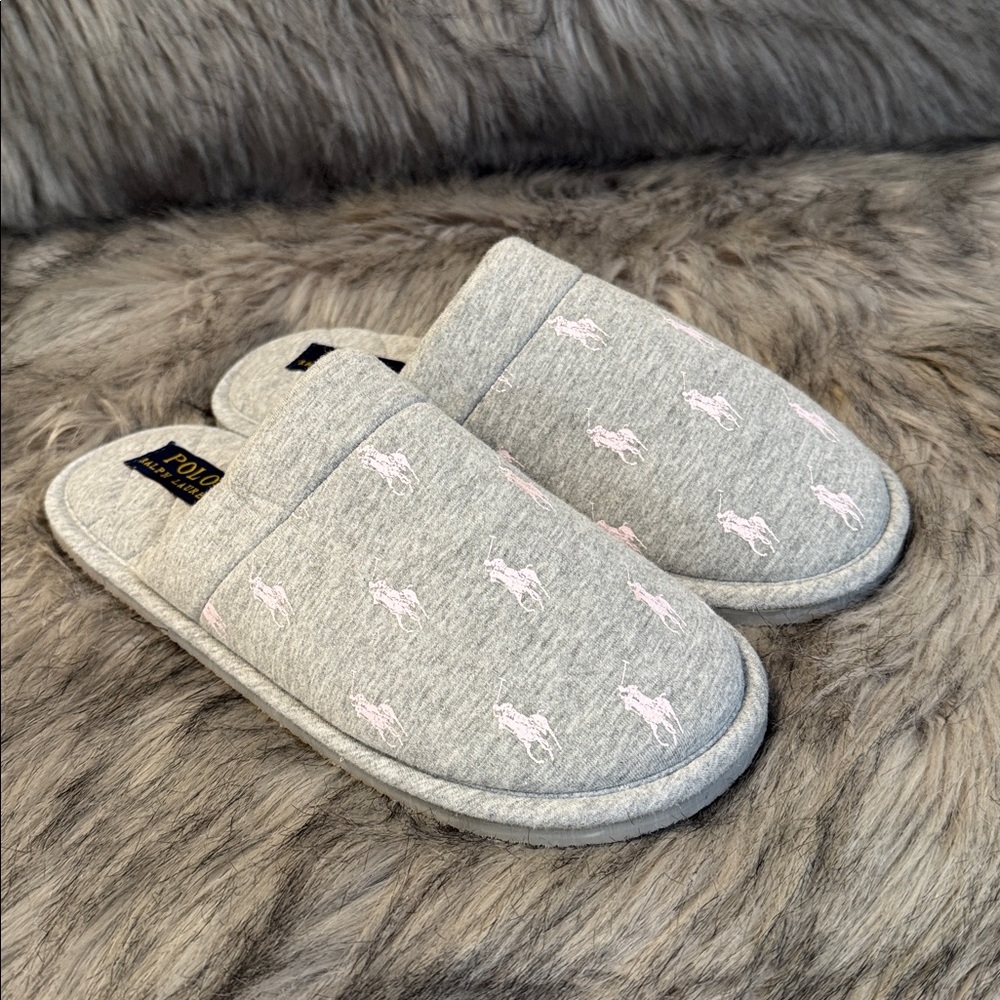 PRICE FIRM Polo Ralph Lauren Summit Scuff Gray Slippers with Pink Size 8 - Picture 7 of 7